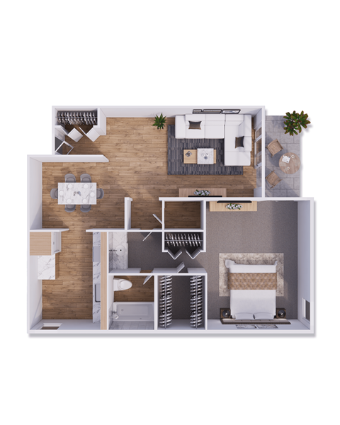 Floor plan for 1 bed, 1 bath, 833 sqft